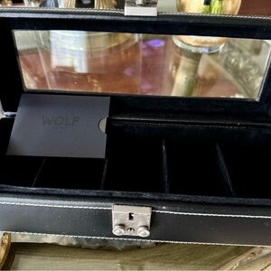 WOLF 5-Watch Box Black Leather-Velvet Lined with Silver Clasp